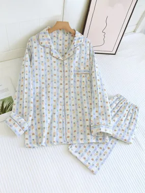 Long Sleeve Teddy Bear Printed Striped Pajamas