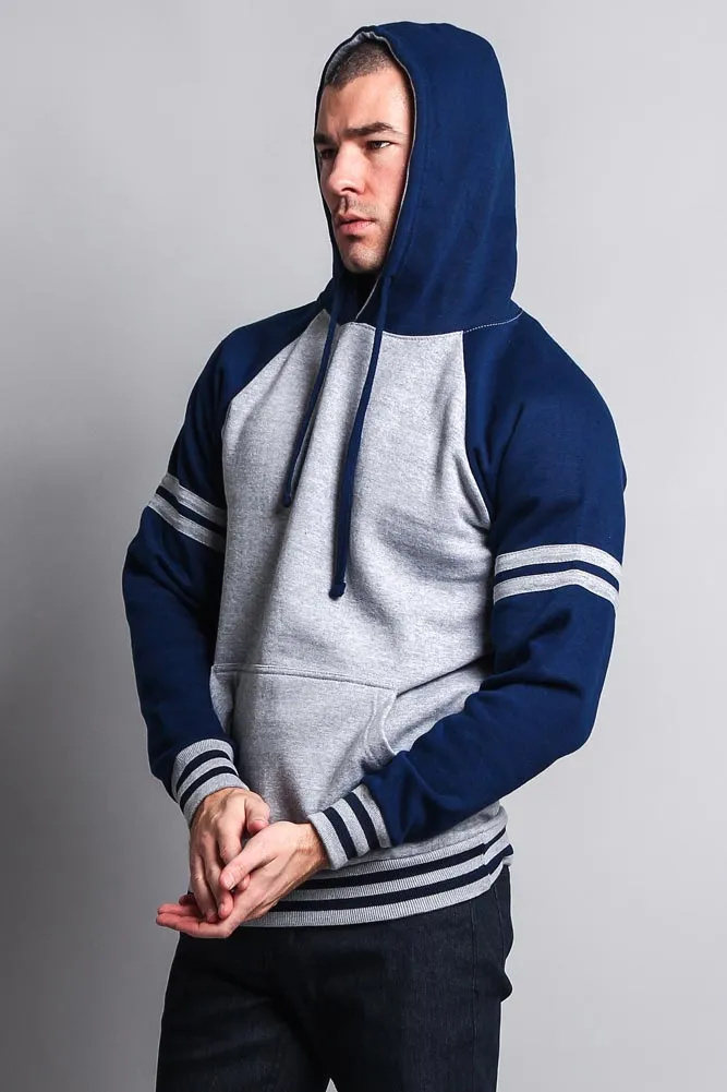 Men's Contrast Raglan Striped Sleeve Pullover Hoodie