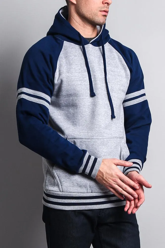 Men's Contrast Raglan Striped Sleeve Pullover Hoodie