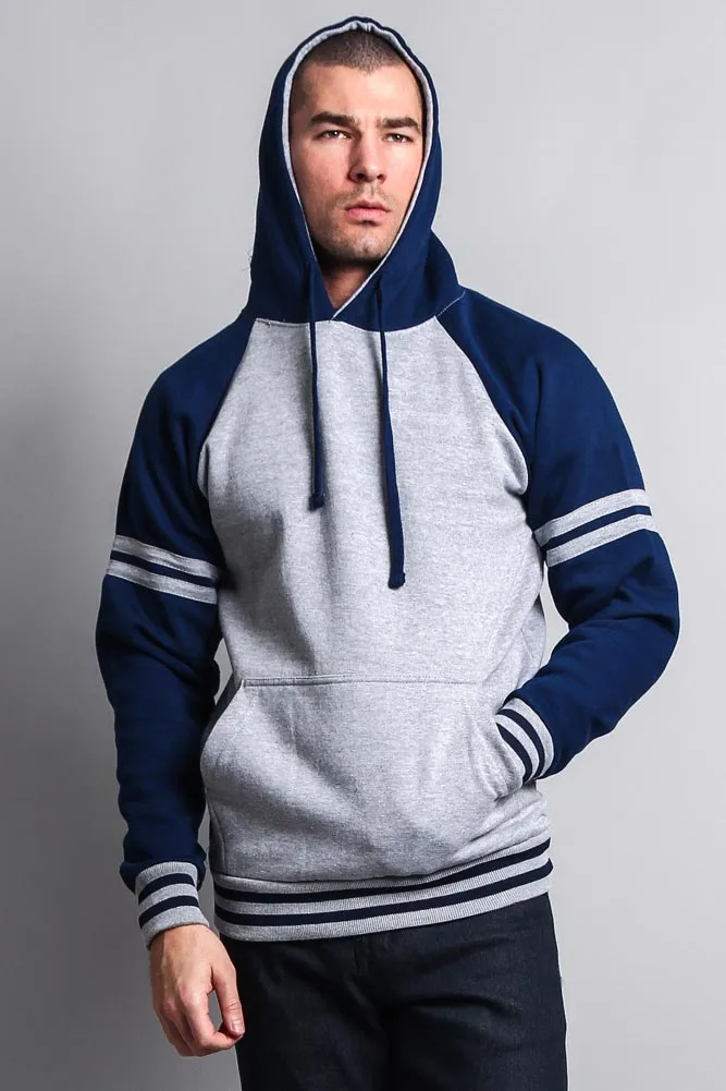 Men's Contrast Raglan Striped Sleeve Pullover Hoodie