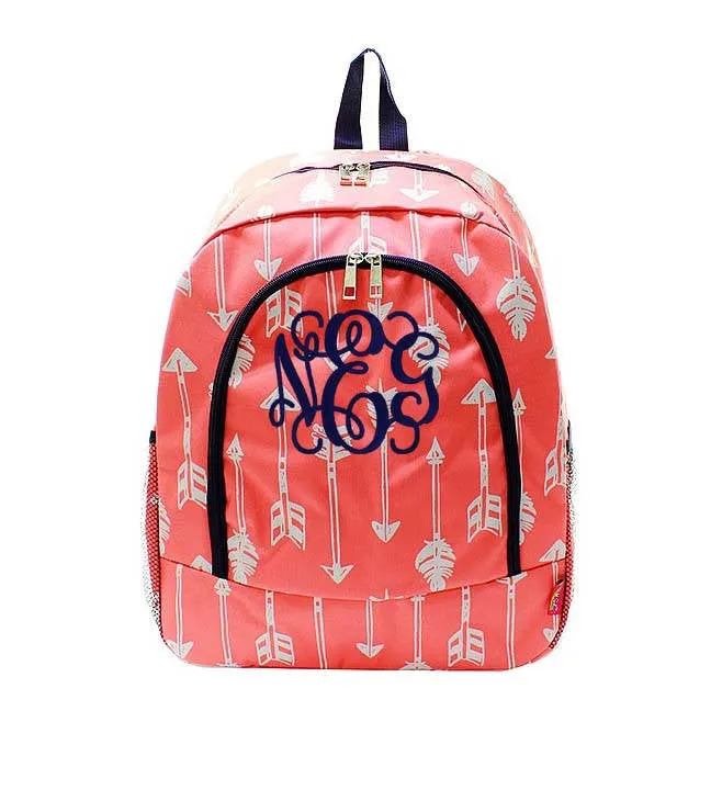 Monogrammed Coral and Navy arrows backpack