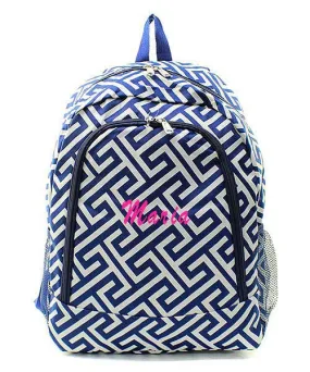 Monogrammed Navy Greek keys backpack