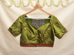 Moss Green, soft silk, cut work blouse