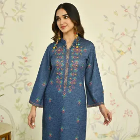 Navy Blue Geometric Floral Woollen Kurta with Embroidery Detail