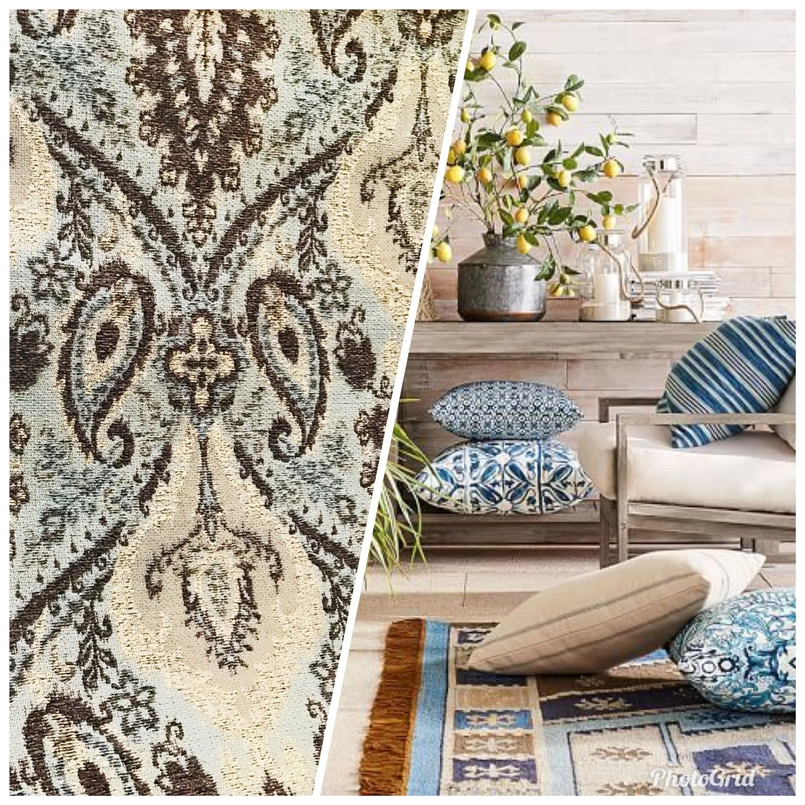 NEW Double Sided Burnout Kilim Rug Inspired Fabric- Blue Brown Upholstery