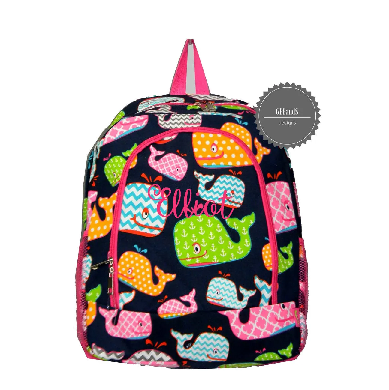 Preppy Whale print backpack- Monogrammed backpack personalized book bag