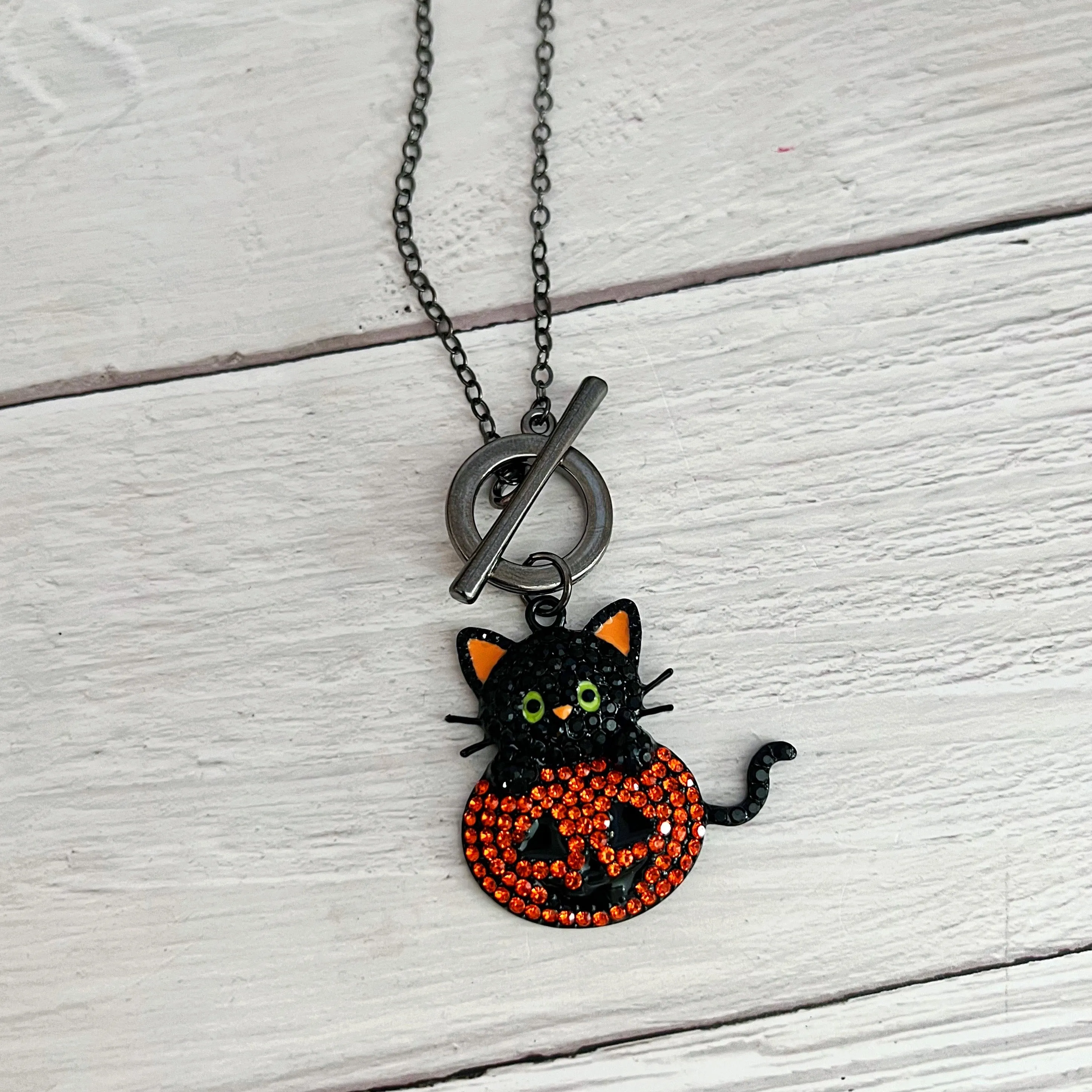 Rhinestone Black Cat Toggle Necklace