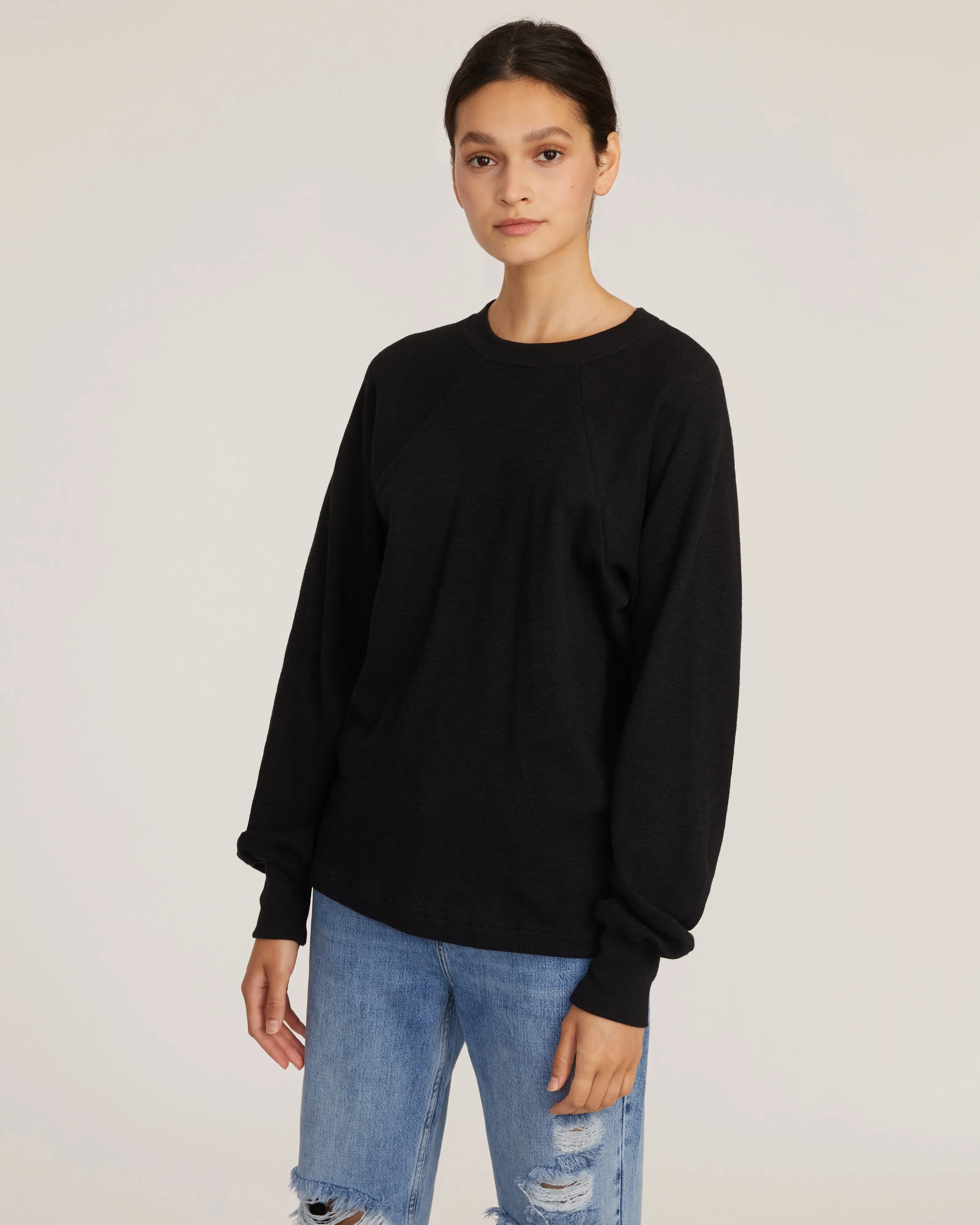 So Uptight Waffle Knit Crewneck in Black