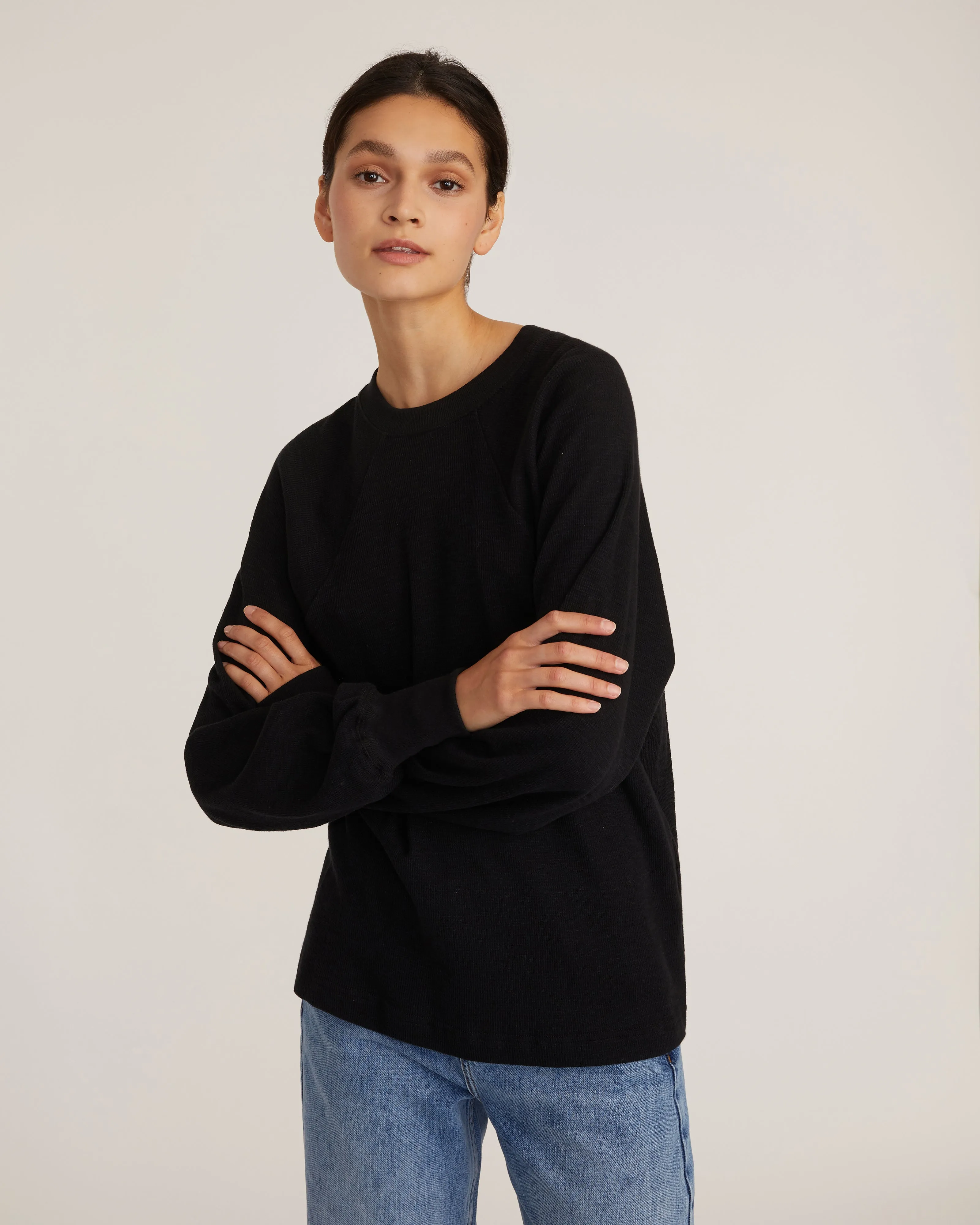 So Uptight Waffle Knit Crewneck in Black