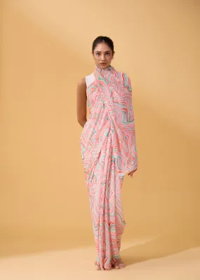 Waves Sari in Chiffon - Sage & Coral